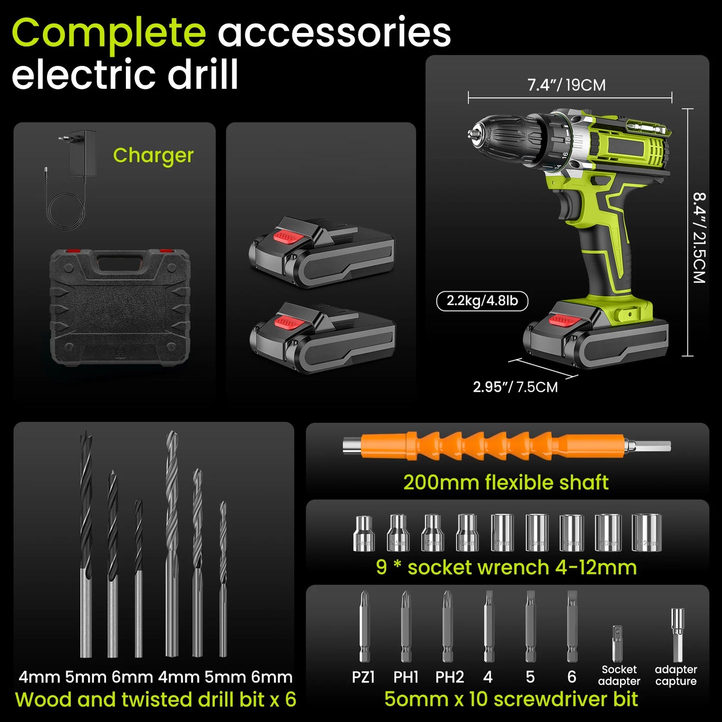 Cordless Impact Screwdriver Handheld Drill Power Tool 32 Torque Setting 2 Gear Speed Electric Screwdriver With 2 Batteries