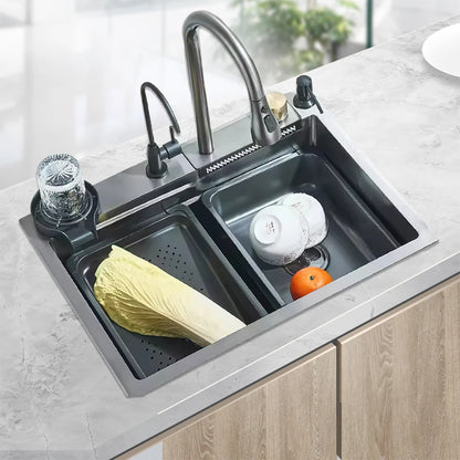 OWJHE304 Stainless Steel Kitchen Sink with Digital Display Waterfall Faucet Multifunctional 75*45cm Large Single Slot Whale Sink