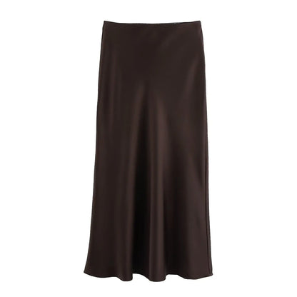 KONDALA Vintage Satin Solid Long Skirts Women High Waist Elastic Silky Skirts Fashion 2025 Spring Elegant Straight Skirts