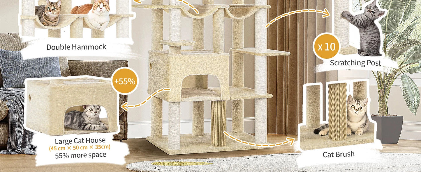 200cm XXL cat tree with 10 scratching posts, 2 caves, 2 hammocks, large platform,basket,for Maine Coons,large cats, beige