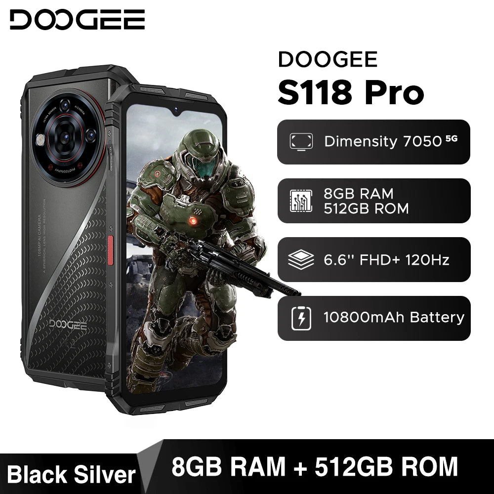 Global Version DOOGEE S118 Pro 5G Rugged Phone Dimensity 7050 10800mAh Battery 6.6'' FHD 120Hz 8GB RAM 512GB ROM Cell Phone NFC