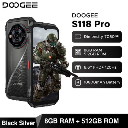 Global Version DOOGEE S118 Pro 5G Rugged Phone Dimensity 7050 10800mAh Battery 6.6'' FHD 120Hz 8GB RAM 512GB ROM Cell Phone NFC