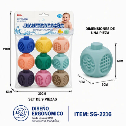 Silicone Sensory Blocks for Baby 9 Pcs - Montessori Bath Toy, Soft BPA-Free Teether, Number and Shape Learning, Early Educational Toy