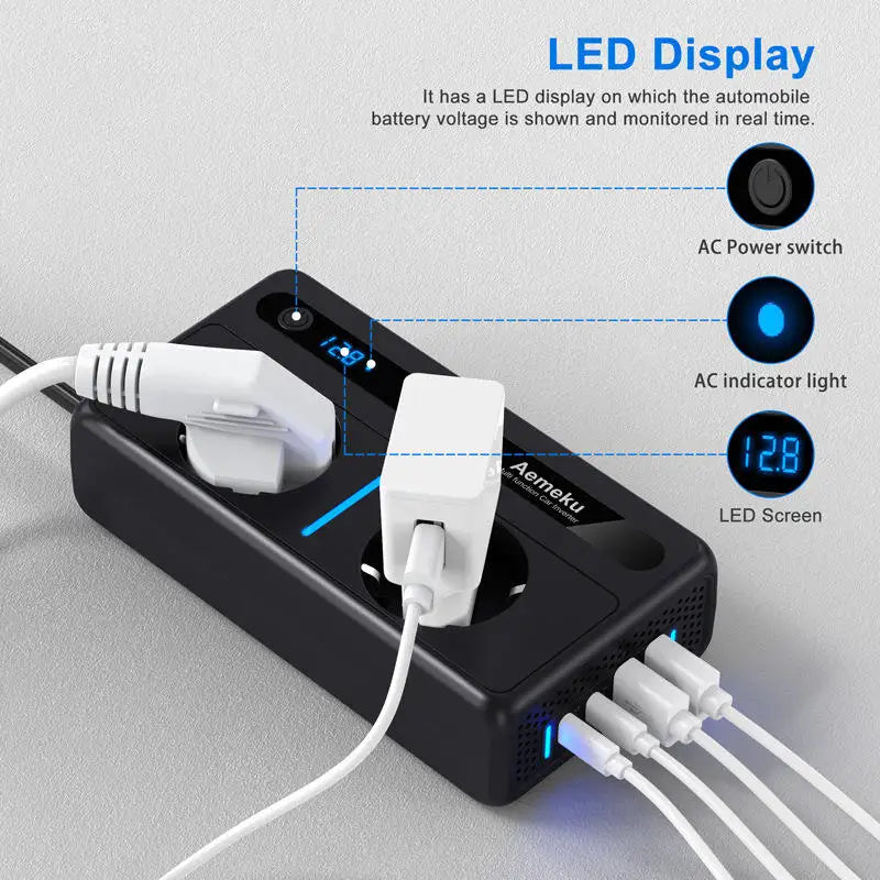 300W Car Inverter 12V to 220V European Standard Multi-Functional Digital Display With 2 AC Sockets, 2 USB Ports, 2 Type-C PD Ports