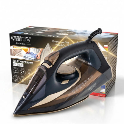 3400W steam iron with ceramic auto-off anti-drip anti-calc self-clean steam stroke 80g/min. Washer