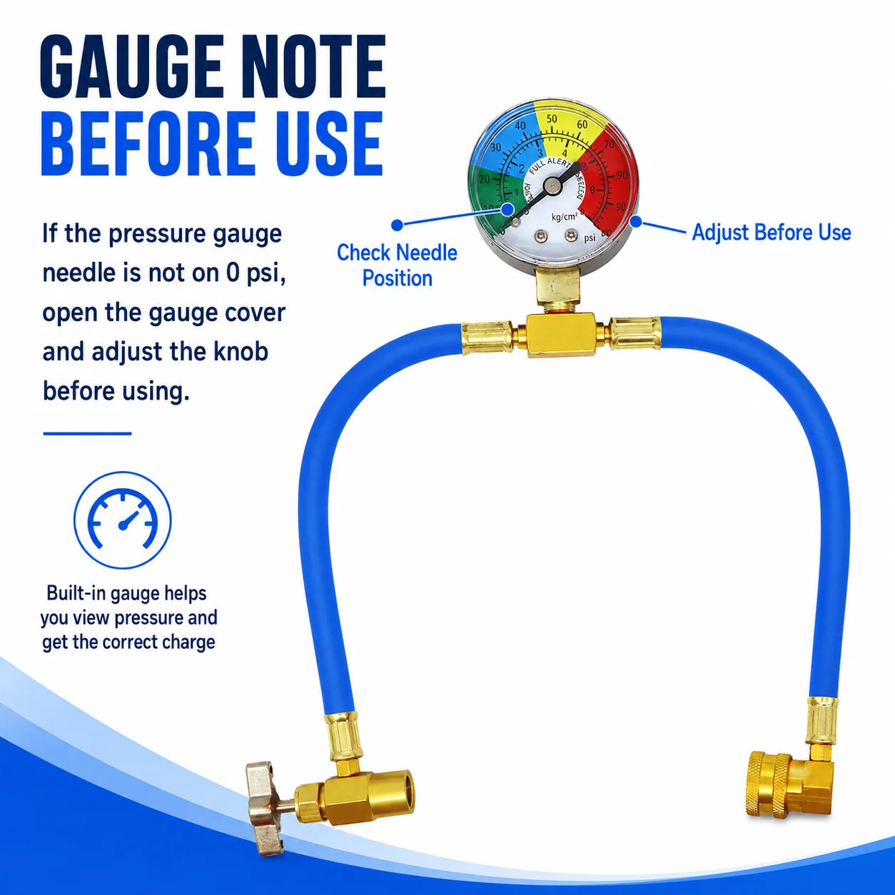 R134A Recharge Hose with Gauge, AC Can Tap Freon Charging Kit, 90° Low Side Quick Coupler for R134A R12 R22 A/C Refrigerant