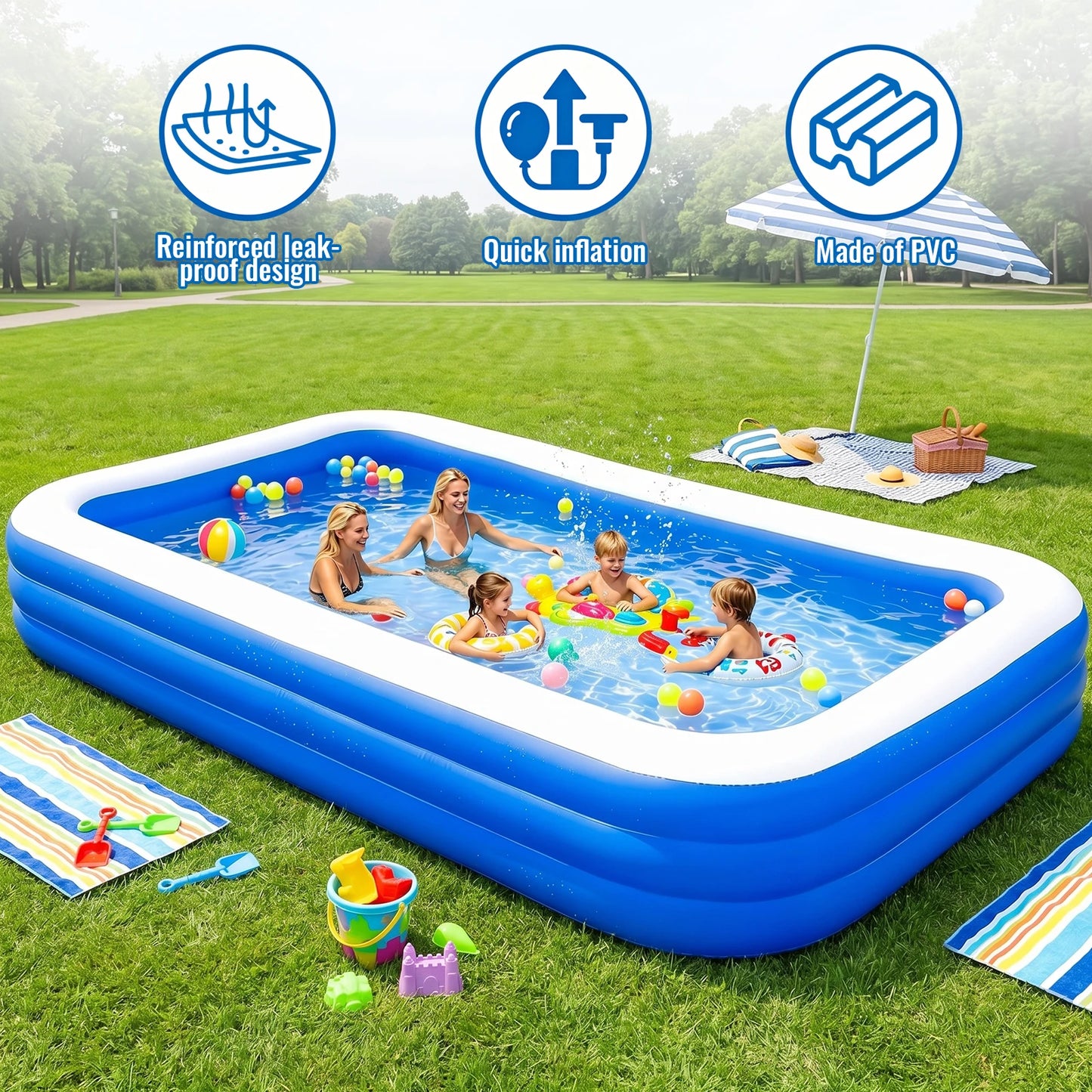 3M/2.6M Family Inflatable Rectangular Pool for Family Gatherings Parties Garden Leisure Durable PVC Outdoor Backyard Swimming Pool