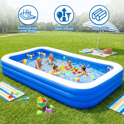 3M/2.6M Family Inflatable Rectangular Pool for Family Gatherings Parties Garden Leisure Durable PVC Outdoor Backyard Swimming Pool