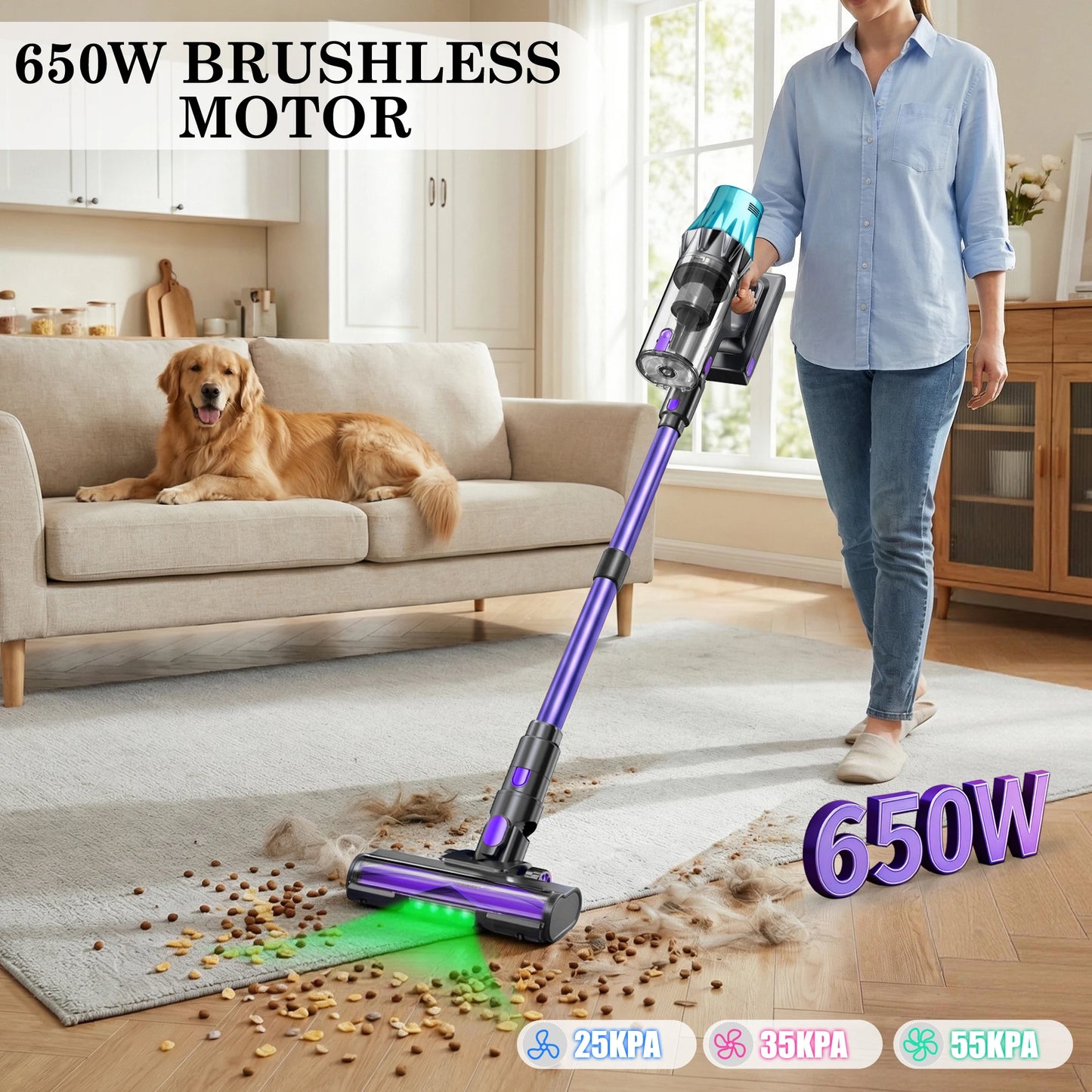 Blossom V20 Cordless Vacuum Cleaner, 650W Brushless Motor, 55KPa Powerful Suction, 65Min Runtime, Green LED Light, for Pet Hair Hardwood Carpet