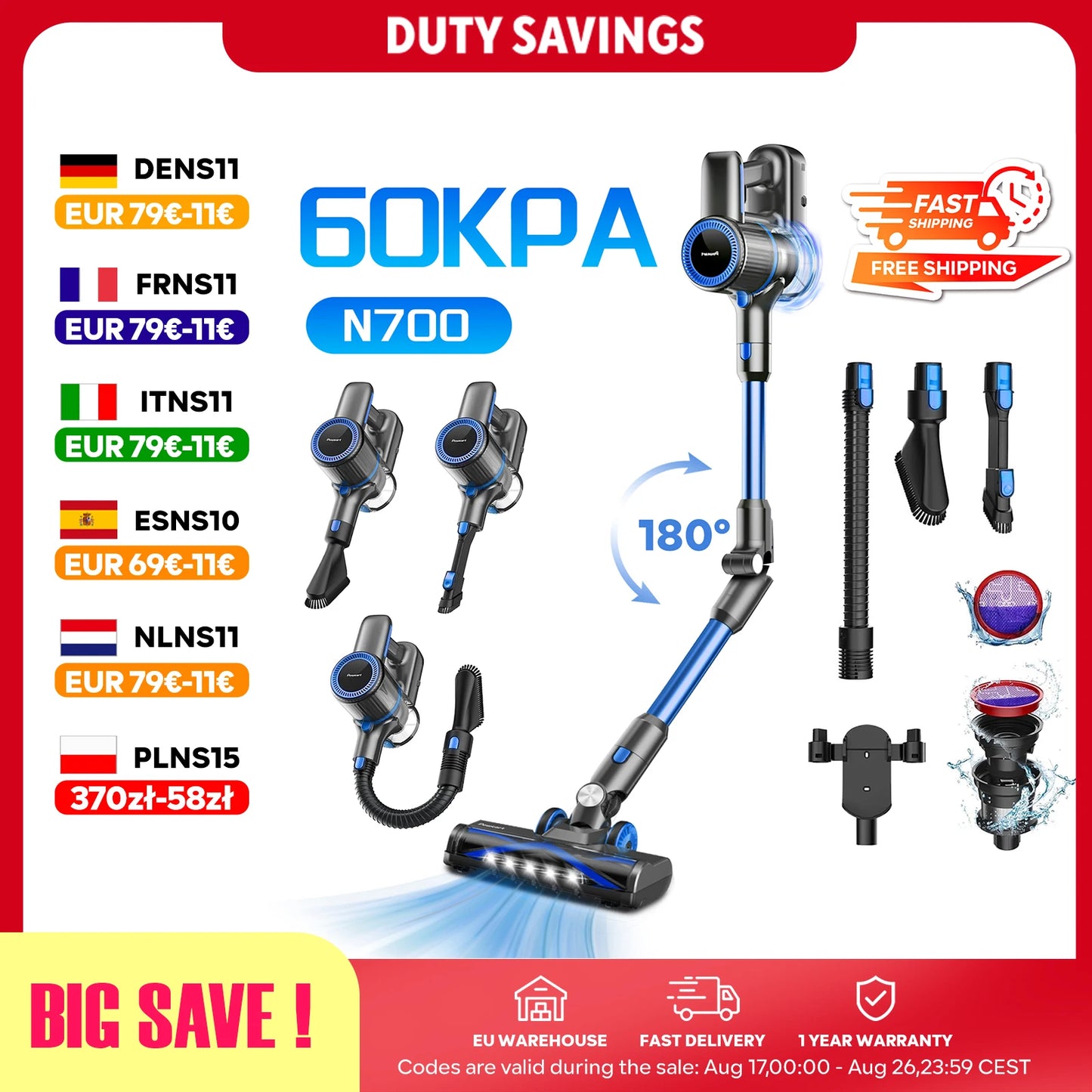 cordless vacuum cleaner, 60KPa, battery life 50 Min, tank 1L, for animal hair, Carpet and hard floors