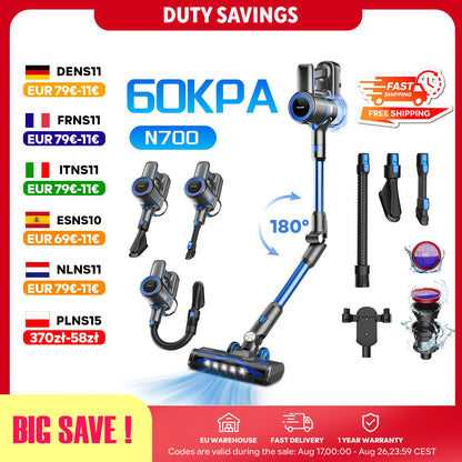 cordless vacuum cleaner, 60KPa, battery life 50 Min, tank 1L, for animal hair, Carpet and hard floors