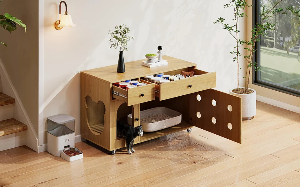 Wooden cat litter box cabinet/cat bed with drawers and wheels, multi-functional cat house furniture/portable cat toilet/storage cabinet, effectively controls odors, suitable for indoor cat house decoration.