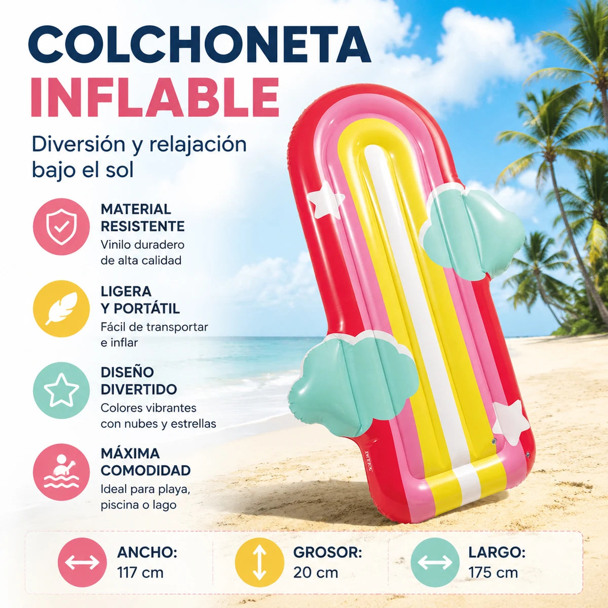 Colorful Rainbow Inflatable Mat Size 175X117X20Cm Maximum Capacity 100kg Resistant Material Safety Valves Design with Clouds and Stars Lightweight Foldable for Pool Beach Lake Fun and Aquatic Relaxation Adults Summer