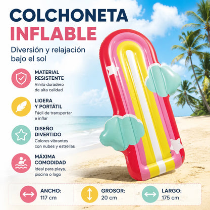 Colorful Rainbow Inflatable Mat Size 175X117X20Cm Maximum Capacity 100kg Resistant Material Safety Valves Design with Clouds and Stars Lightweight Foldable for Pool Beach Lake Fun and Aquatic Relaxation Adults Summer