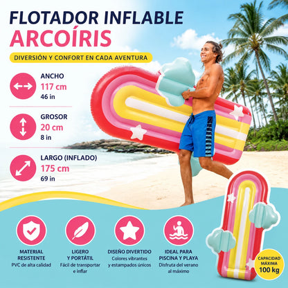 Colorful Rainbow Inflatable Mat Size 175X117X20Cm Maximum Capacity 100kg Resistant Material Safety Valves Design with Clouds and Stars Lightweight Foldable for Pool Beach Lake Fun and Aquatic Relaxation Adults Summer