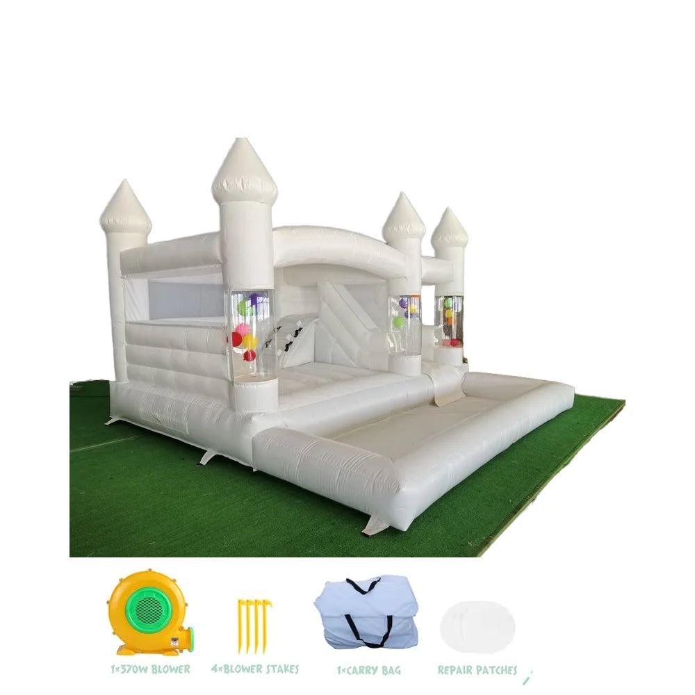 Newly 15ft  Inflatable Bounce House With Balloon Durable PVC White Jumping Castle with Slide, Ball Pit Bounce House For Party