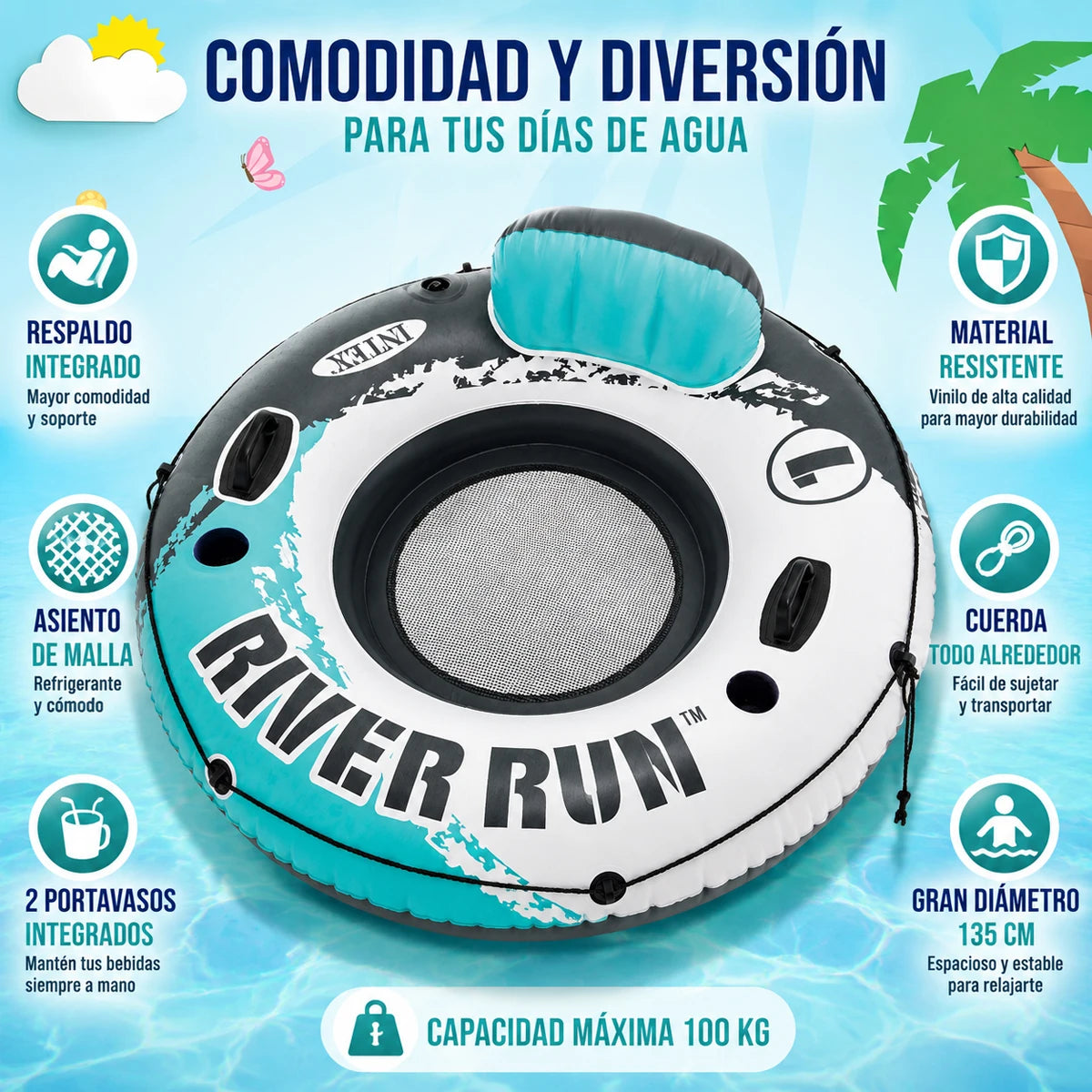 River Run Inflatable Floating Tube 135cm, Reinforced Anti-Puncture Pvc, Mesh Seat, Ergonomic Backrest, Two Cup Holders, Handles and Tie-Down Rope, 100kg Capacity, Safe and Comfortable for Rivers, Lakes, Swimming Pools and Sum