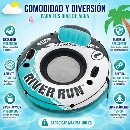 River Run Inflatable Floating Tube 135cm, Reinforced Anti-Puncture Pvc, Mesh Seat, Ergonomic Backrest, Two Cup Holders, Handles and Tie-Down Rope, 100kg Capacity, Safe and Comfortable for Rivers, Lakes, Swimming Pools and Sum