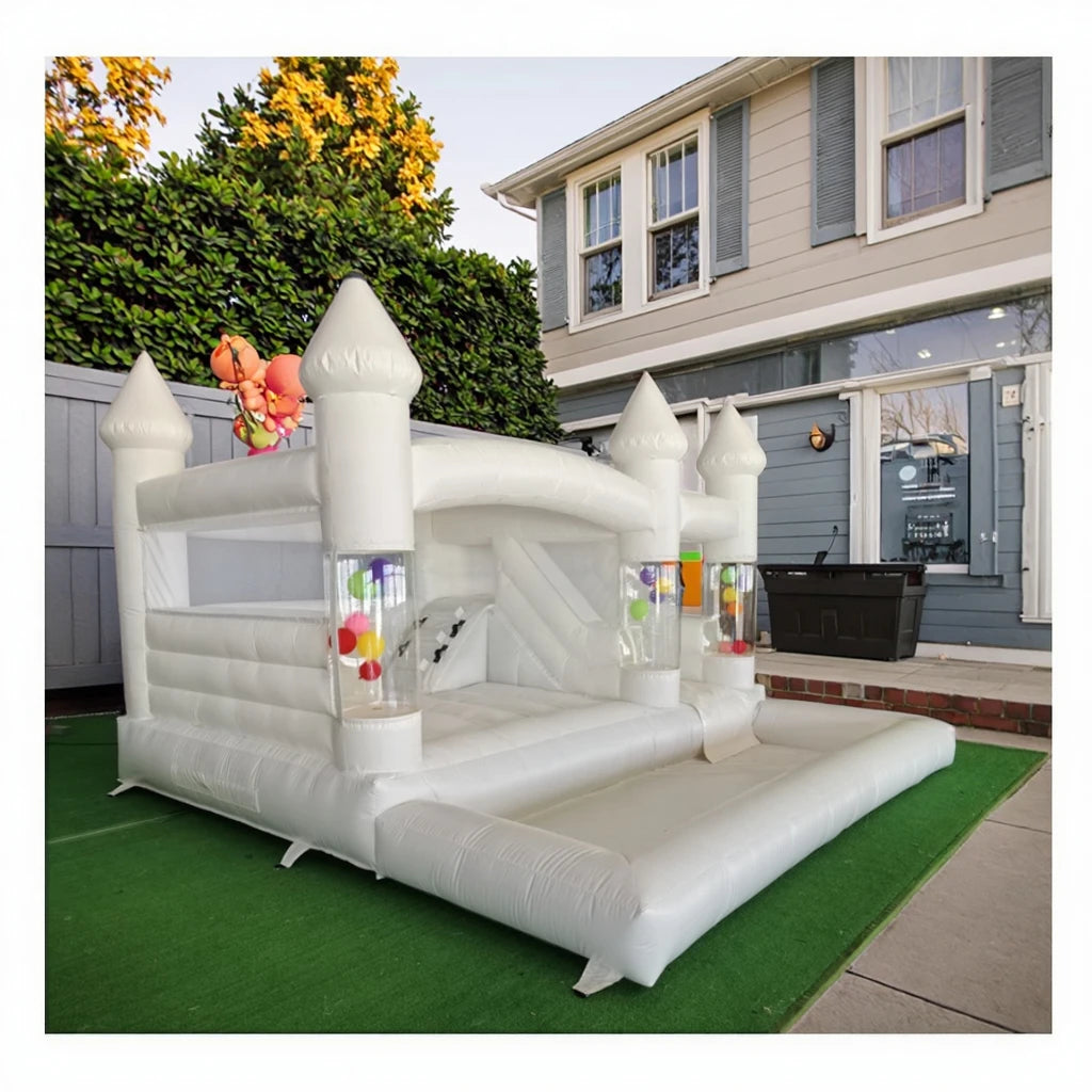 Newly 15ft  Inflatable Bounce House With Balloon Durable PVC White Jumping Castle with Slide, Ball Pit Bounce House For Party