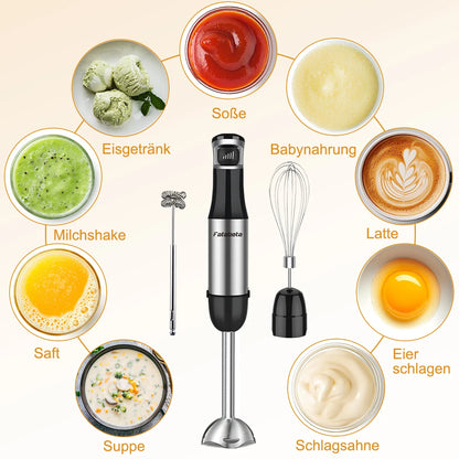 6 in 1 Handheld hand Immersion Blender - Stainless Steel Stick Blender with 5 Speed, Chopper, Whisk And Milk Frother
