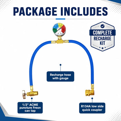 R134A Recharge Hose with Gauge, AC Can Tap Freon Charging Kit, 90° Low Side Quick Coupler for R134A R12 R22 A/C Refrigerant