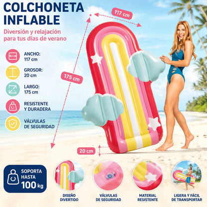 Colorful Rainbow Inflatable Mat Size 175X117X20Cm Maximum Capacity 100kg Resistant Material Safety Valves Design with Clouds and Stars Lightweight Foldable for Pool Beach Lake Fun and Aquatic Relaxation Adults Summer