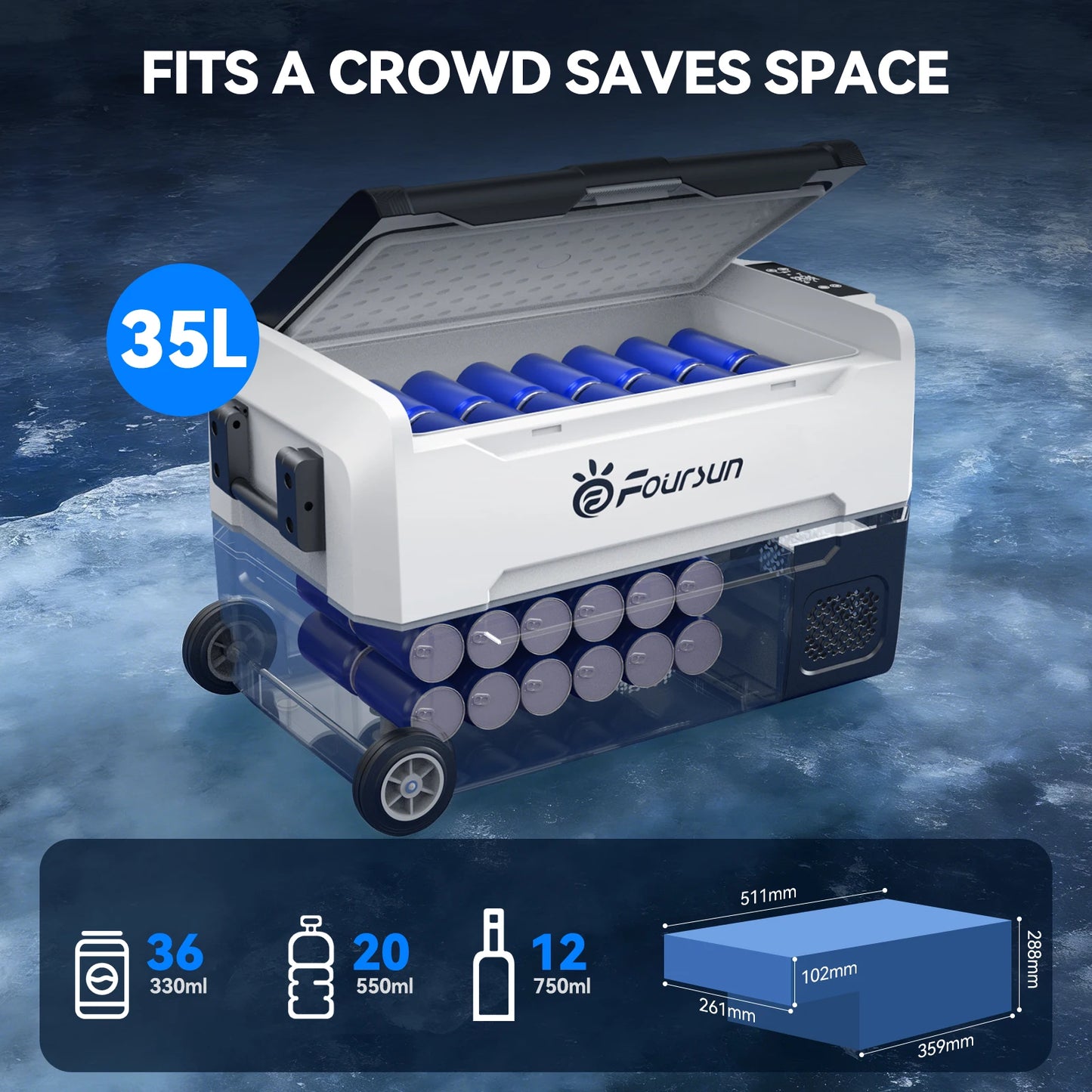 Foursun 21L/25L/35L/45L/55L Portable Compressor Car Fridge Freezer with Bluetooth App Control, for Camping, Travel, Home, DC 12V/24V & AC 100-240V