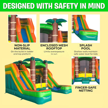 5m PVC  Inflatable Bounce House Tropical Double Water Slide Combo  Wet& Dry Jump Bouncy House Castle For Outdoor Party Rental