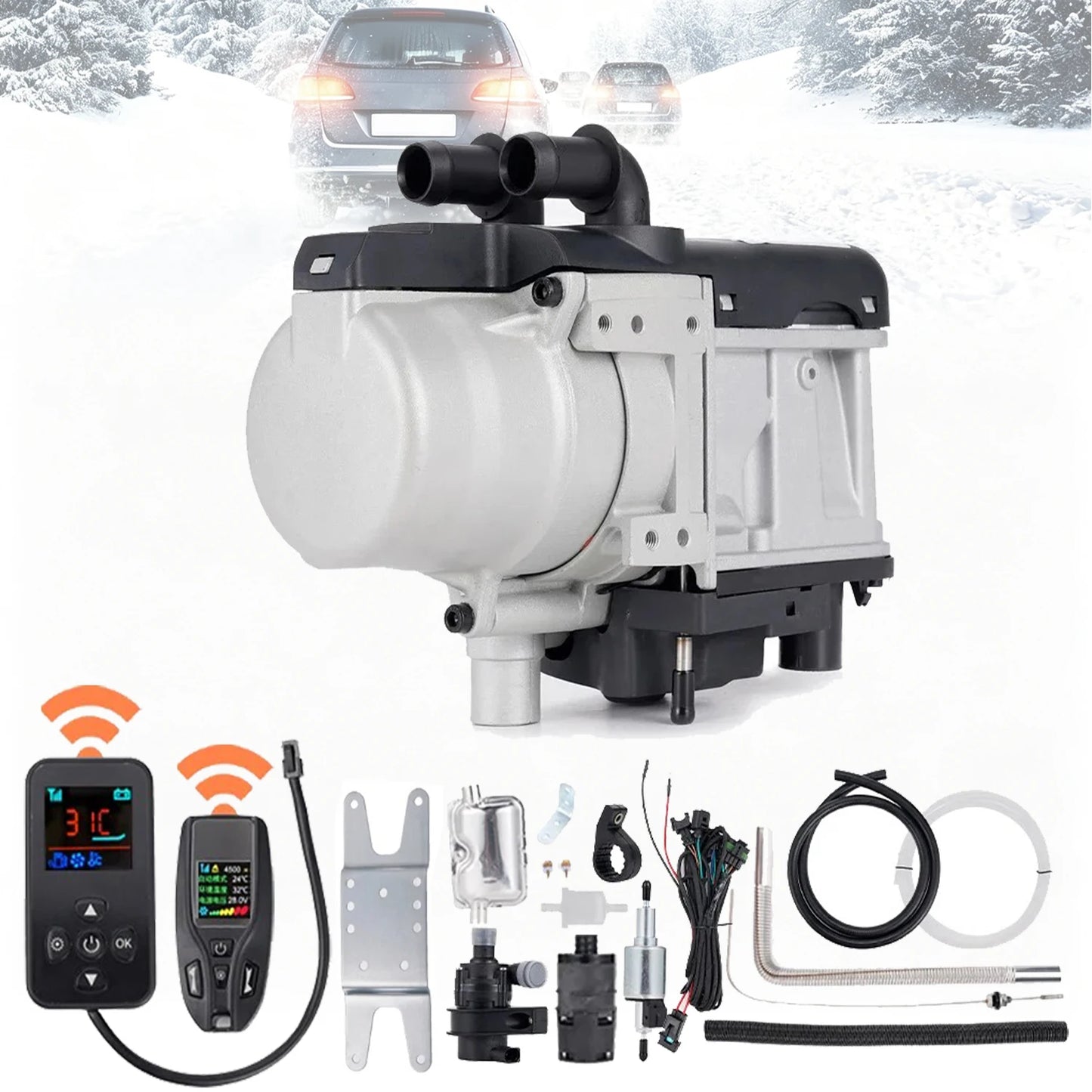 12V 6KW Diesel Heater One/Two-Way Remote Control LCD Switch Parking Heater Brushless Water Pump Diesel Heating for Car Van Trucks Engine Preheating