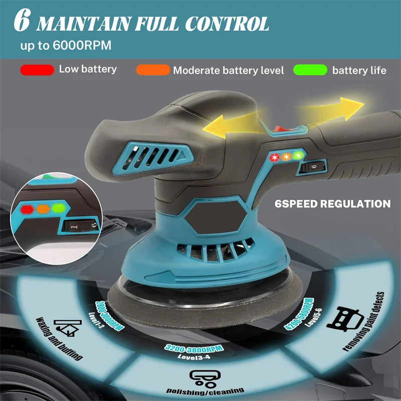 Cordless Buffer Polisher, 6 Variable Speeds, 2800-6000 RPM Car Buffer Polisher Kit With 2pcs 3.0Ah Battery For Car Polishing