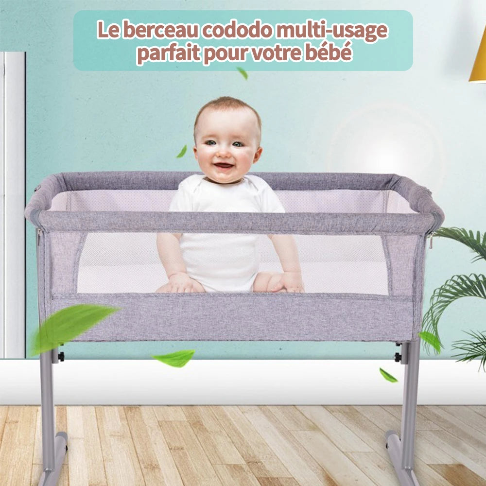 Baby bed, Cododo crib with mattress, baby extra bed, height adjustable, reclinable, Compatible with different beds, easy to install and carry, 6 months-9 kg, Gray