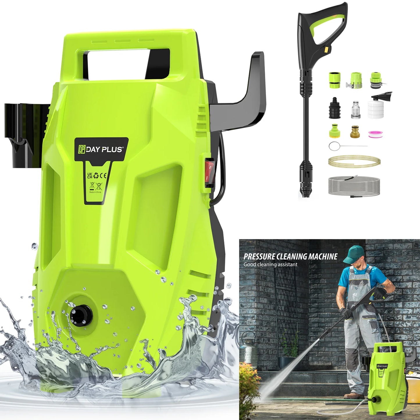 Pressure Washers, 3000W 200Bar High-Pressure 500L/H Flow Rate Electric Pressure Washers with 3 In 1 Adjustable Nozzle & 7m Pants, Jet Washers for Cleaning Cars, Driveways, Patios, fences, Green