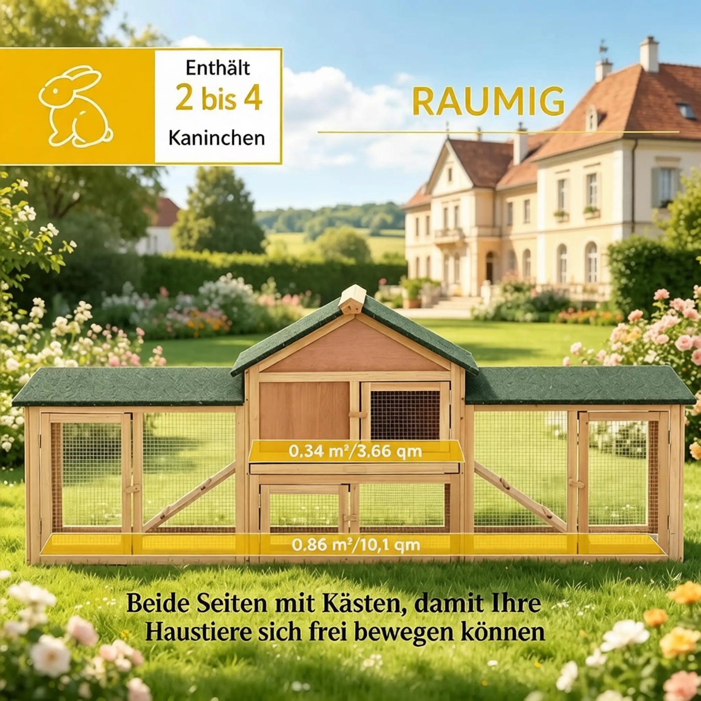 Large Outdoor Wooden Rabbit Hutch with Double Side Run Enclosures, Waterproof Asphalt Roof, Lockable Access Doors, Spacious Resting House and Activity Play Space, Weatherproof Pet Cage for Rabbits, Guinea Pigs and Small Outdo
