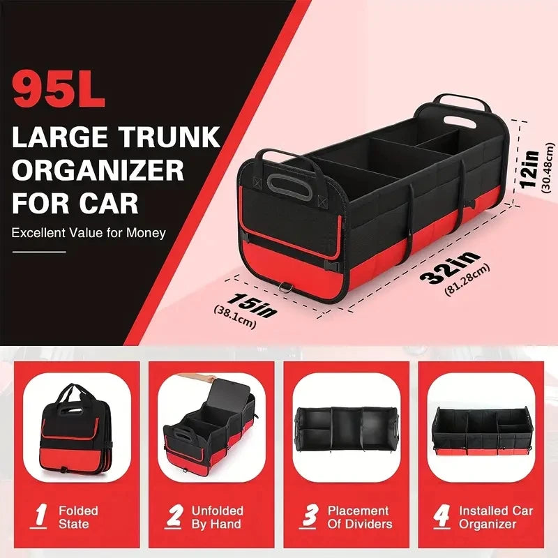 Universal Large Trunk Organizer For Car, Collapsible Multi Compartment Trunk Storage Bag With 2 Retractable Straps