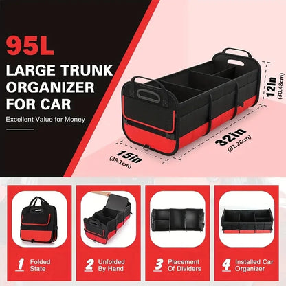 Universal Large Trunk Organizer For Car, Collapsible Multi Compartment Trunk Storage Bag With 2 Retractable Straps