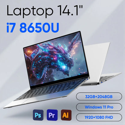 2026 New Ultra Slim 14.1' Laptop Intel Core I7-8650U Windows 11 Pro 32GB RAM 2TB M.2 SSD - Ideal for Office & Study