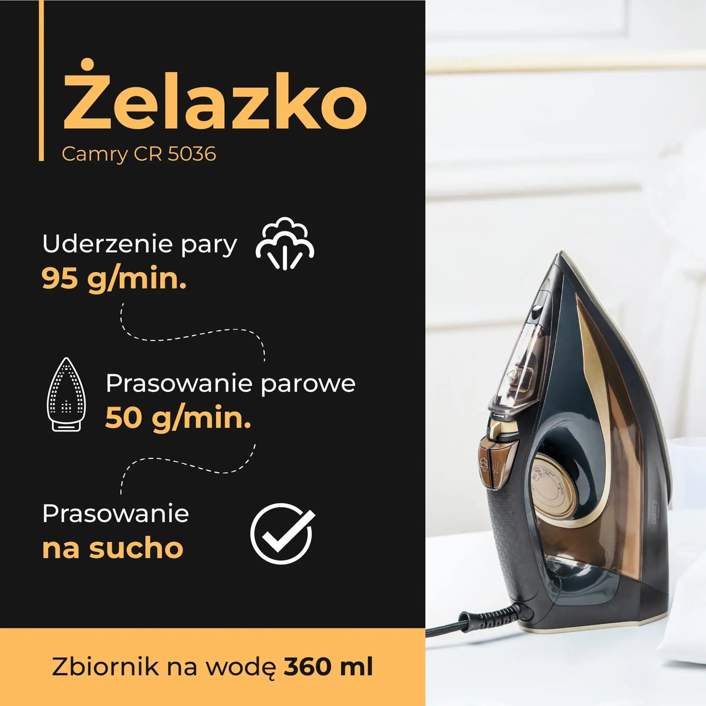 3400W steam iron with ceramic auto-off anti-drip anti-calc self-clean steam stroke 80g/min. Washer