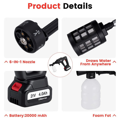 MUDIRO 4.0Ah 200Bar 3500W High Pressure Cordless Car Washer 6-in-1 Multi-Function Nozzle Car Cleaning Water Gun