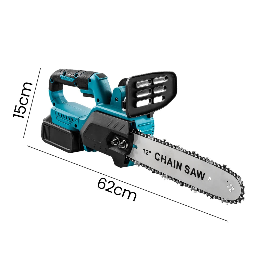 1500W 12Inch Cordless Chainsaw Brushless Lithium Battery Powered Household Woodworking Electric Efficient Handheld Cutting Power Tool with Makita 21V Battery
