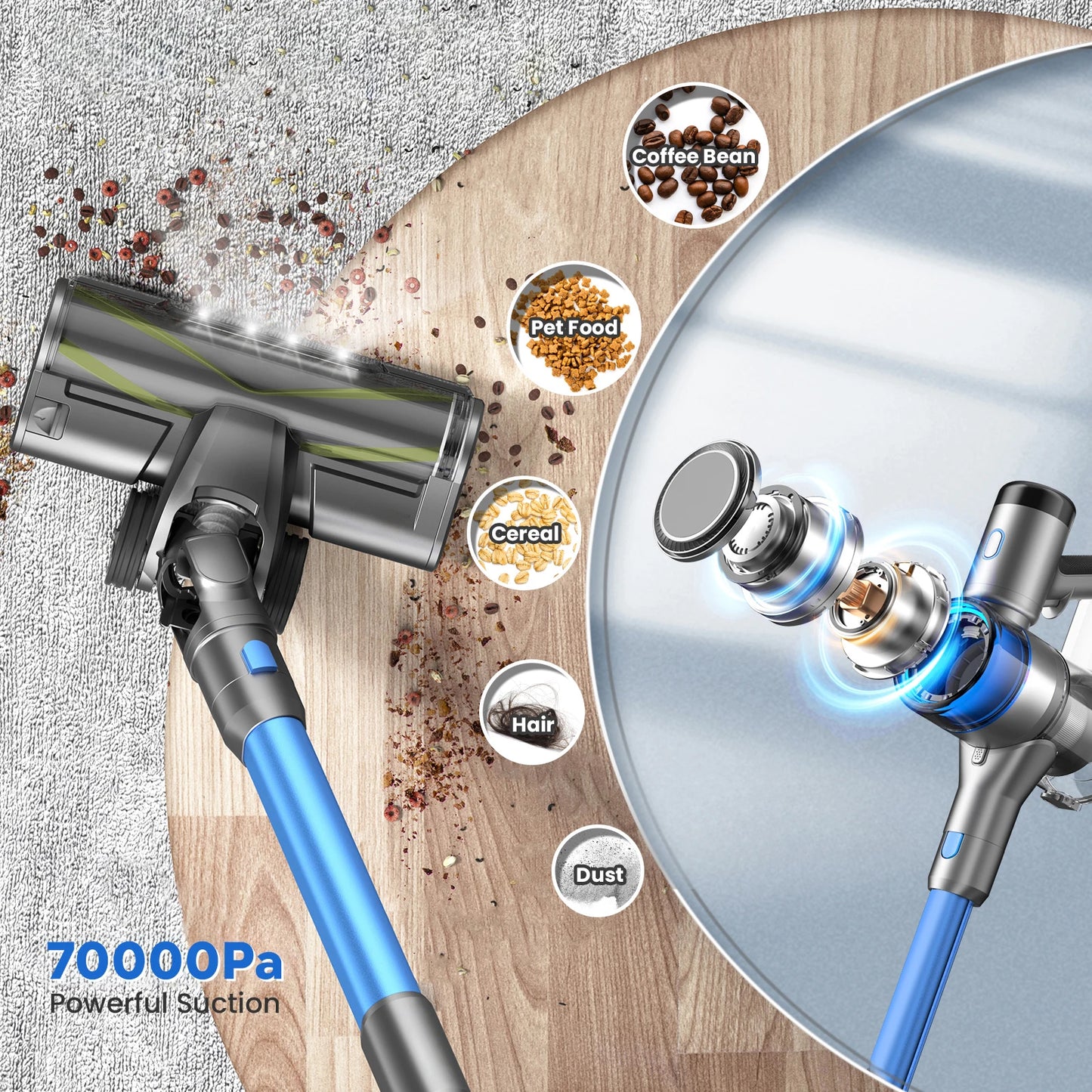 70KPa 400W cordless vacuum cleaner, 1 L dust cup, light display battery, for animal hair, Carpet