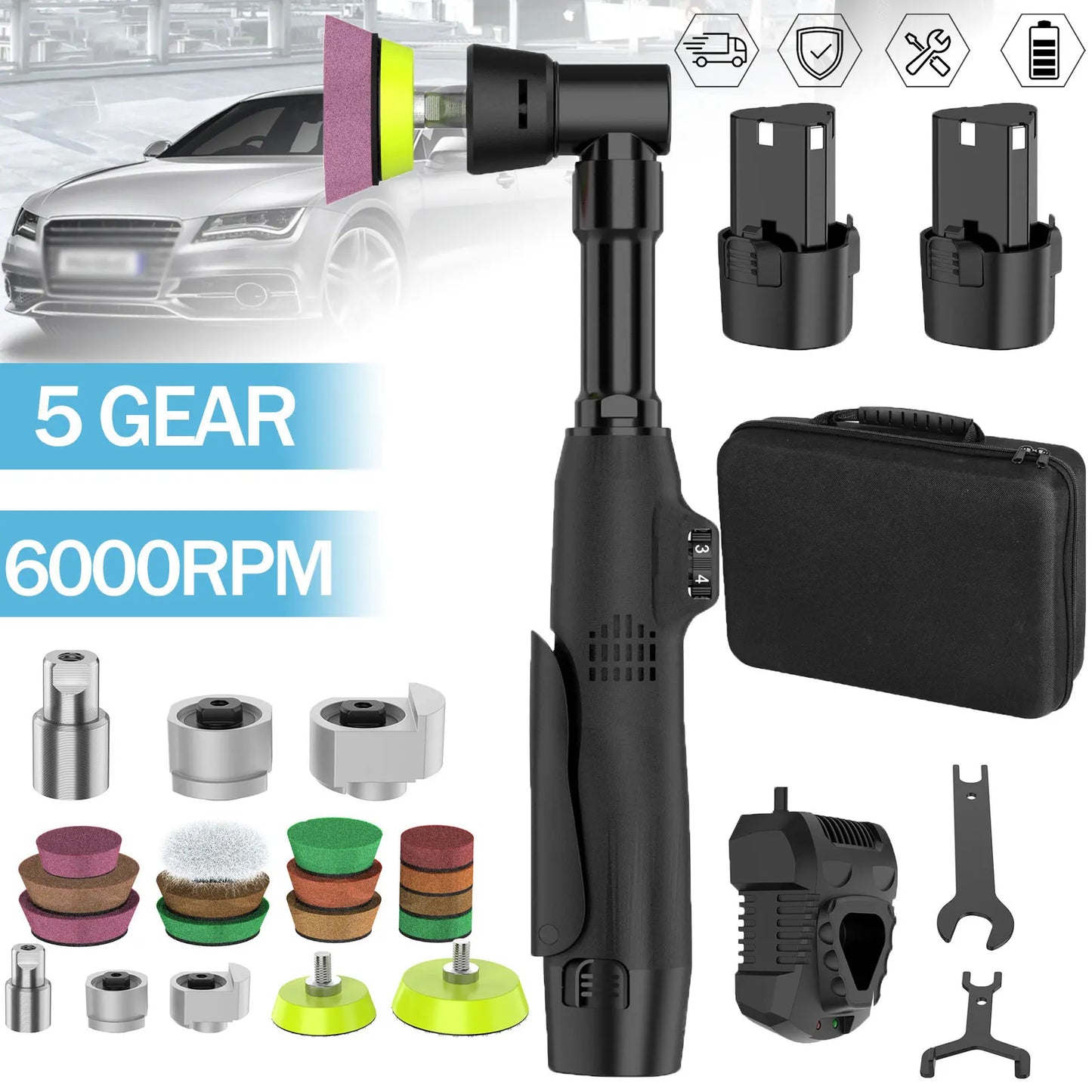 12V Cordless Mini Car Polisher Detailing Wireless Car DA & RO Polishing Machine Pades Kit For Auto Wax, Adjustable 5 Speed