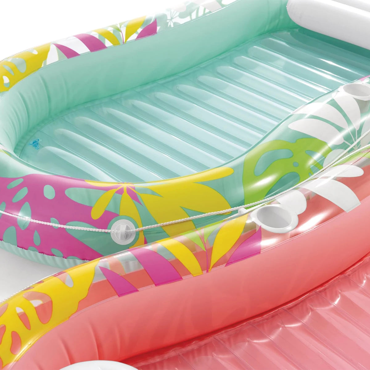 Inflatable Lounge Mat'Oasis Tropical' Pink and Green 206X122Cm High Quality Pvc Supports 100kg Multifunctional Reclining Design for Pool, Beach, Lake and Summer Leisure Activities