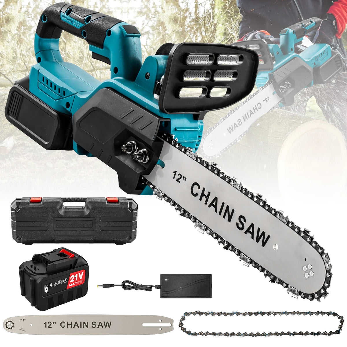 1500W 12Inch Cordless Chainsaw Brushless Lithium Battery Powered Household Woodworking Electric Efficient Handheld Cutting Power Tool with Makita 21V Battery