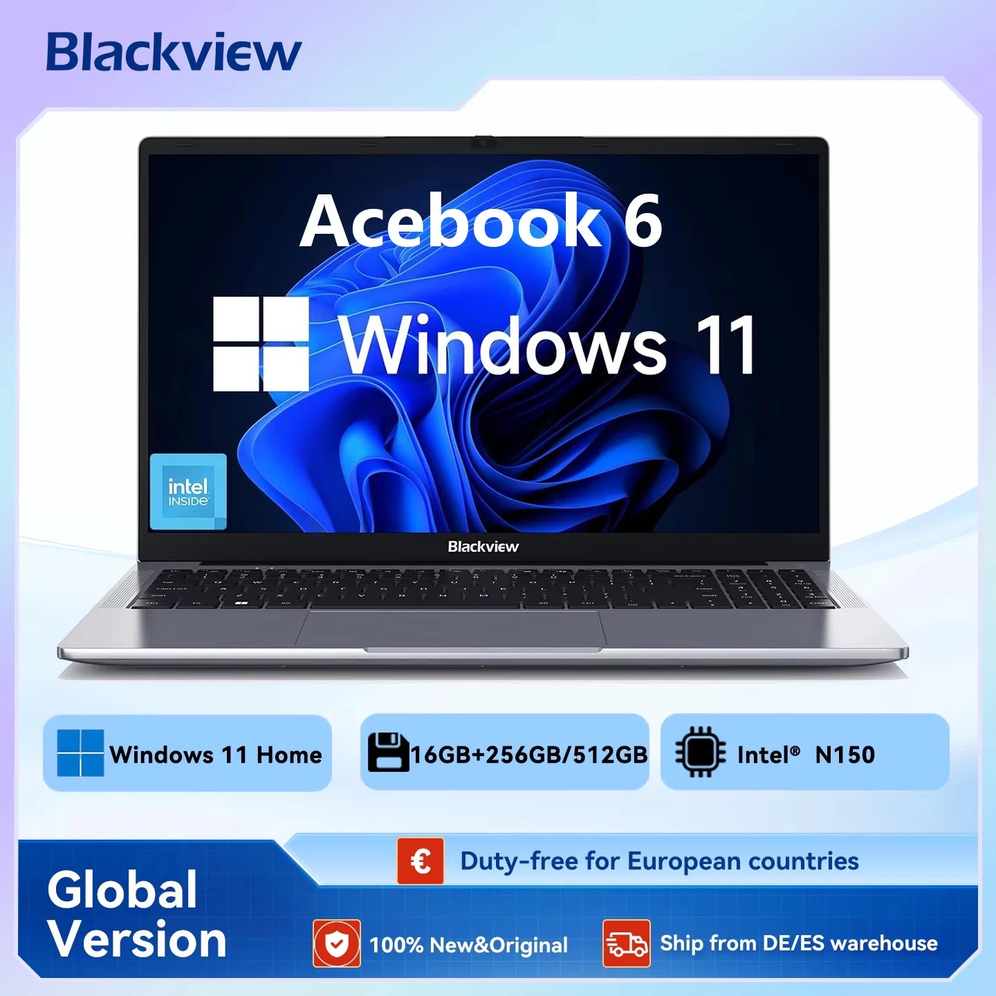 Blackview Acebook 6 Laptop, Laptops Computer for Business Student, Quad-Core N150,16GB DDR4 256GB SSD,15.6” FHD IPS TÜV Screen