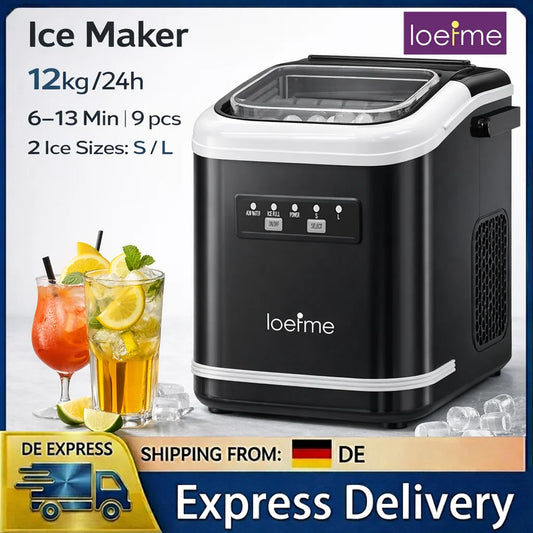 LOEFME Portable Ice Maker 12kg/24h 9 Ice Cubes in 6-13 Min LED Display with Adjustable Ice Size 1.4L Water Tank for Home