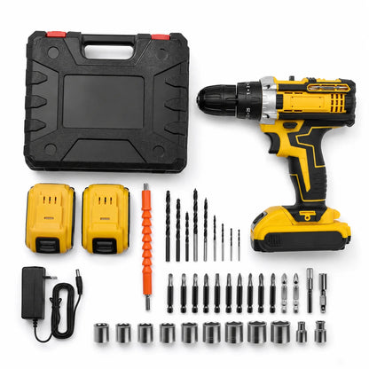 Yellow 3‑in‑1 Cordless Impact Drill Multifunctional Electric Hammer Drill Screwdriver Rechargeable Power Drill For Wood Metal Concrete Drilling
