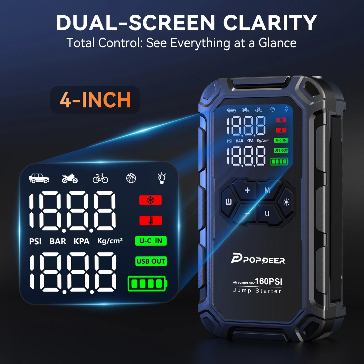POPDEER PD-JA66 6000A Jump Starter with Air Compressor 160PSI, for All Gas & 8L Diesel Engines, LCD Display, USB Port, LED Light