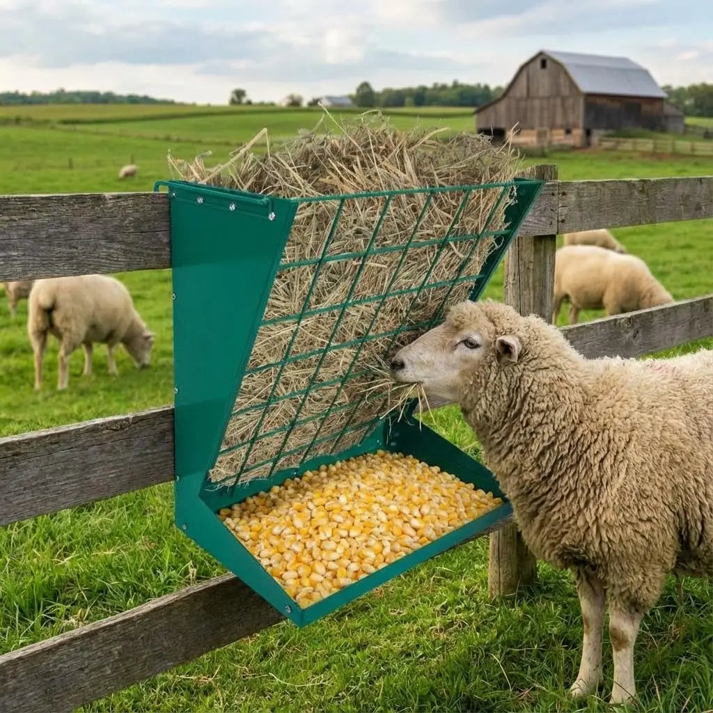 Large Hay Rack, 2 in 1 Large Hay Feeder with Hay and Grain/ Salt Feeder, 60cm Hanging Steel Feeder for Sheep, Goats & Horses Indoor & Outdoor Use