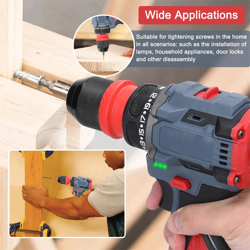 55N.M Brushless Electric Drill Screwdriver 2 IN 1 Handheld Cordless Impact Drill Woodworking DIY Power Tool With 2PCS Battery