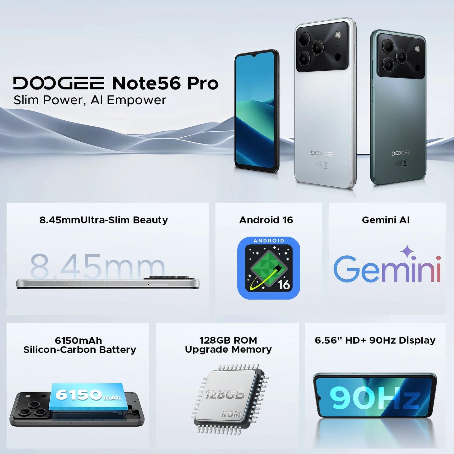 DOOGEE Note56 Pro Smartphone 32GB+128GB Android 16 6150mAh Battery 6.56'' 90Hz Screen 13MP+8MP Widevine L1 NFC Cell Phone